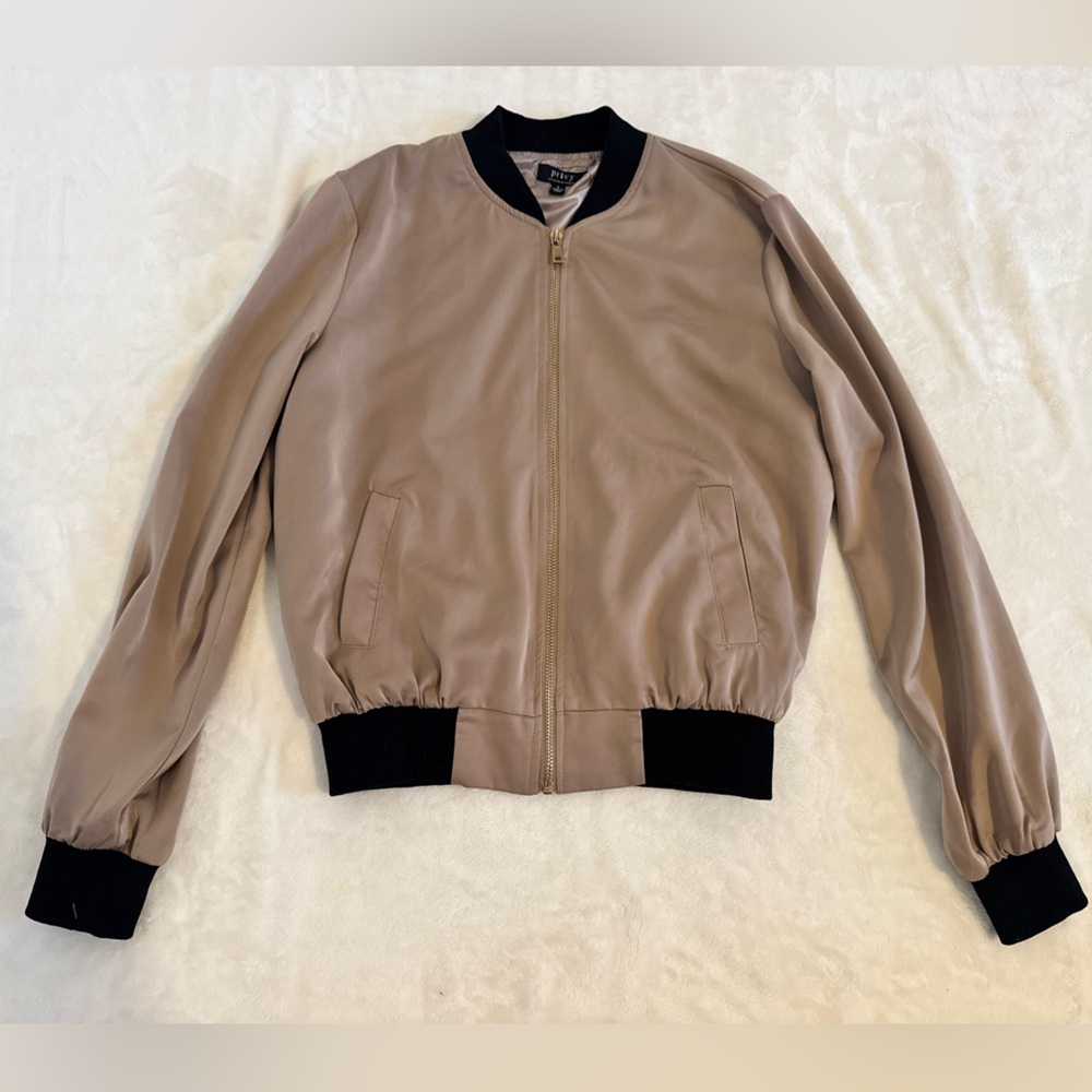 Privy size small bomber jacket. taupe/tan with black cuffs and back appliqué